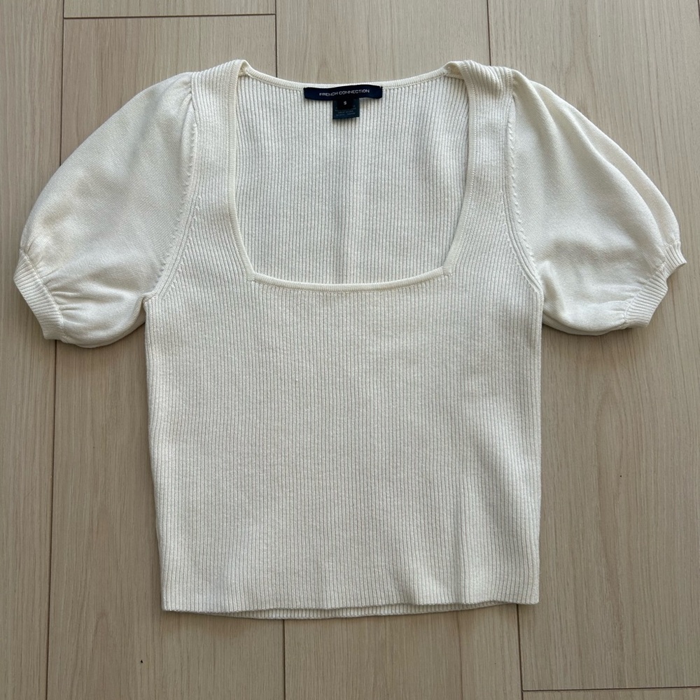 French Connection Cream Puff Sleeve Square Neck Knit Top